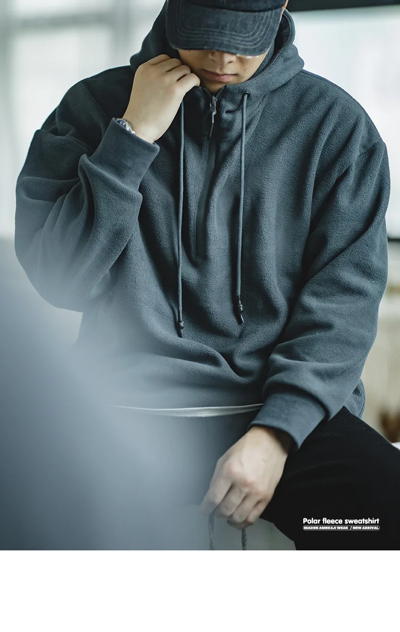 Maden Double-sided Polar Fleece Sweatshirt for Men Thickened Warm Hoodies Autumn and Winter Solid Color Straight-fit Outerwear