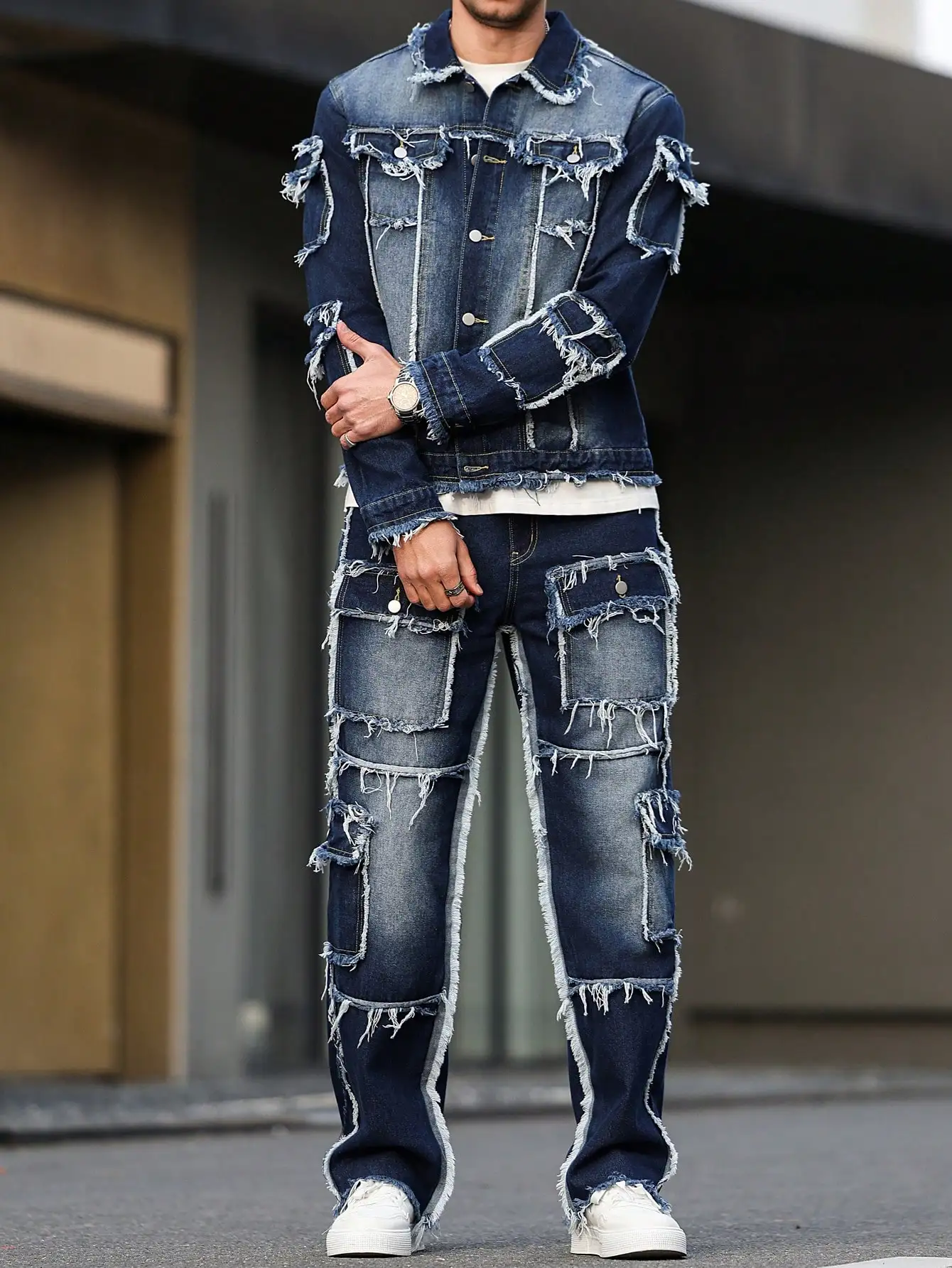 Men's spring and autumn denim suit, multi - pocket design, wide straight - leg pants style