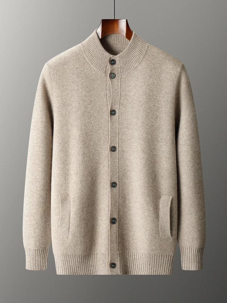 Men's Thick Sweater 100% Merino Wool Knitwear Cardigan Cashmere Buttons Coat Autumn Winter Mock Neck Pockets Casual Clothing Top