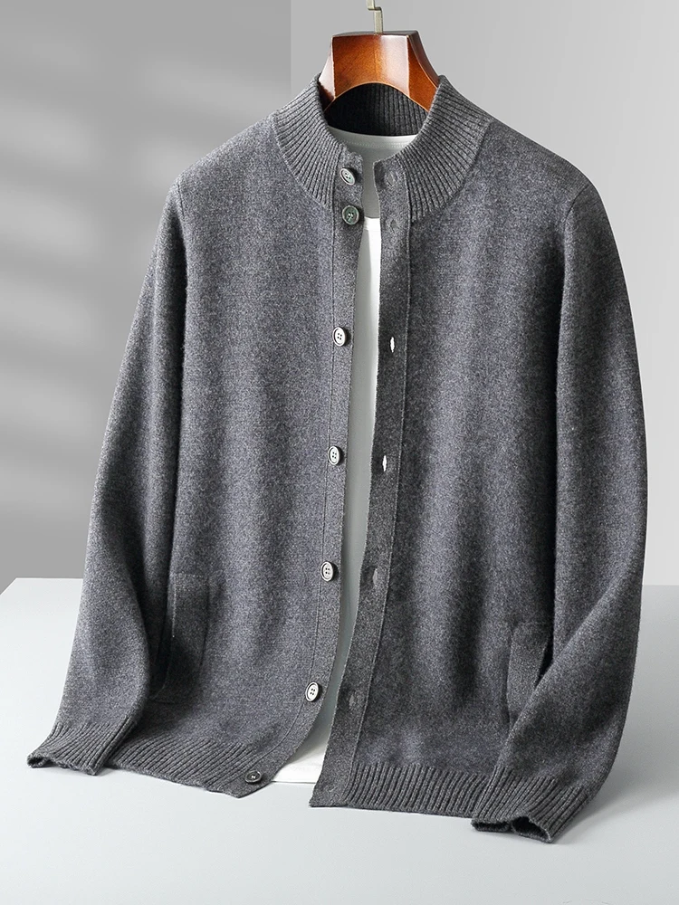 Men's Thick Sweater 100% Merino Wool Knitwear Cardigan Cashmere Buttons Coat Autumn Winter Mock Neck Pockets Casual Clothing Top