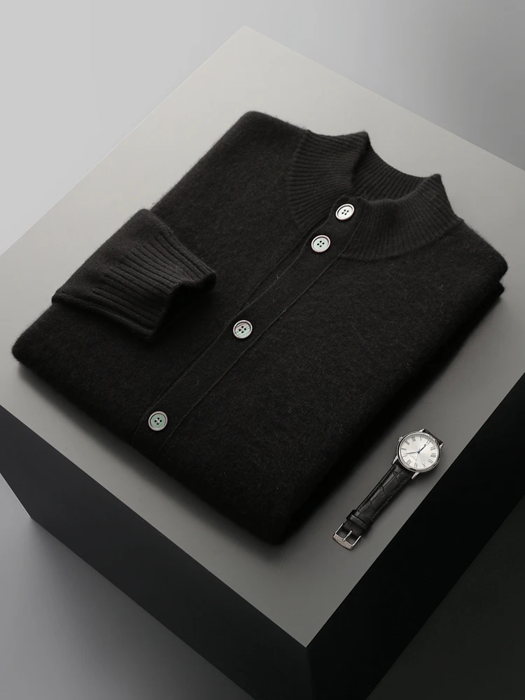 Men's Thick Sweater 100% Merino Wool Knitwear Cardigan Cashmere Buttons Coat Autumn Winter Mock Neck Pockets Casual Clothing Top