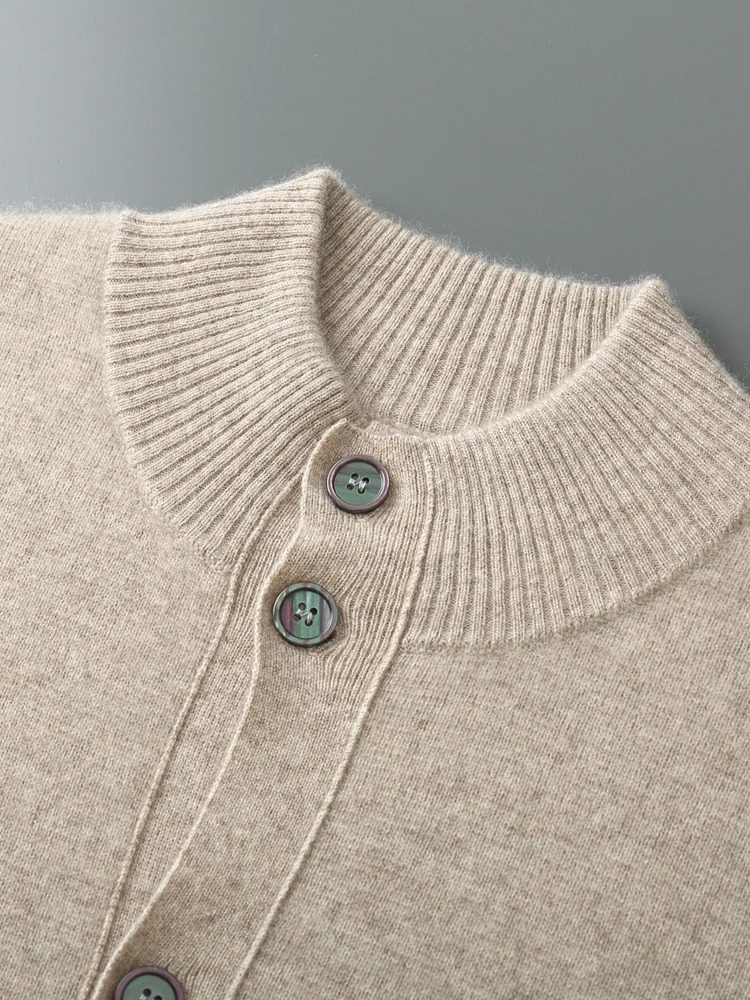 Men's Thick Sweater 100% Merino Wool Knitwear Cardigan Cashmere Buttons Coat Autumn Winter Mock Neck Pockets Casual Clothing Top