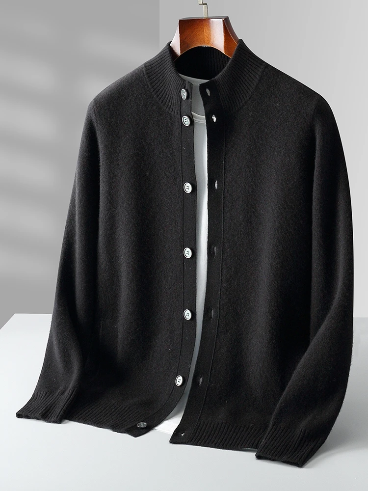 Men's Thick Sweater 100% Merino Wool Knitwear Cardigan Cashmere Buttons Coat Autumn Winter Mock Neck Pockets Casual Clothing Top