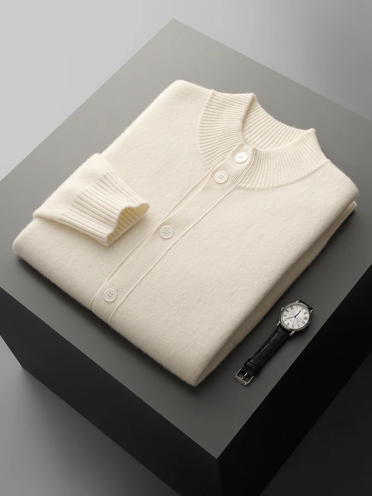 Men's Thick Sweater 100% Merino Wool Knitwear Cardigan Cashmere Buttons Coat Autumn Winter Mock Neck Pockets Casual Clothing Top