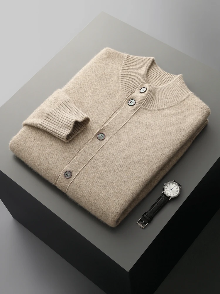 Men's Thick Sweater 100% Merino Wool Knitwear Cardigan Cashmere Buttons Coat Autumn Winter Mock Neck Pockets Casual Clothing Top