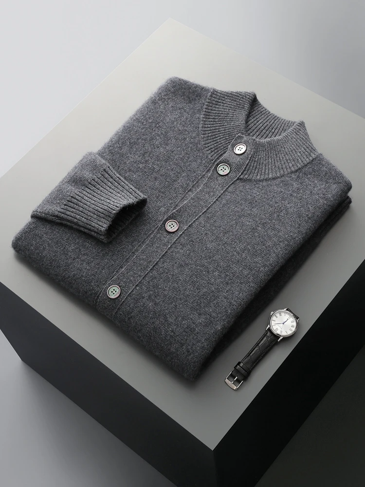 Men's Thick Sweater 100% Merino Wool Knitwear Cardigan Cashmere Buttons Coat Autumn Winter Mock Neck Pockets Casual Clothing Top