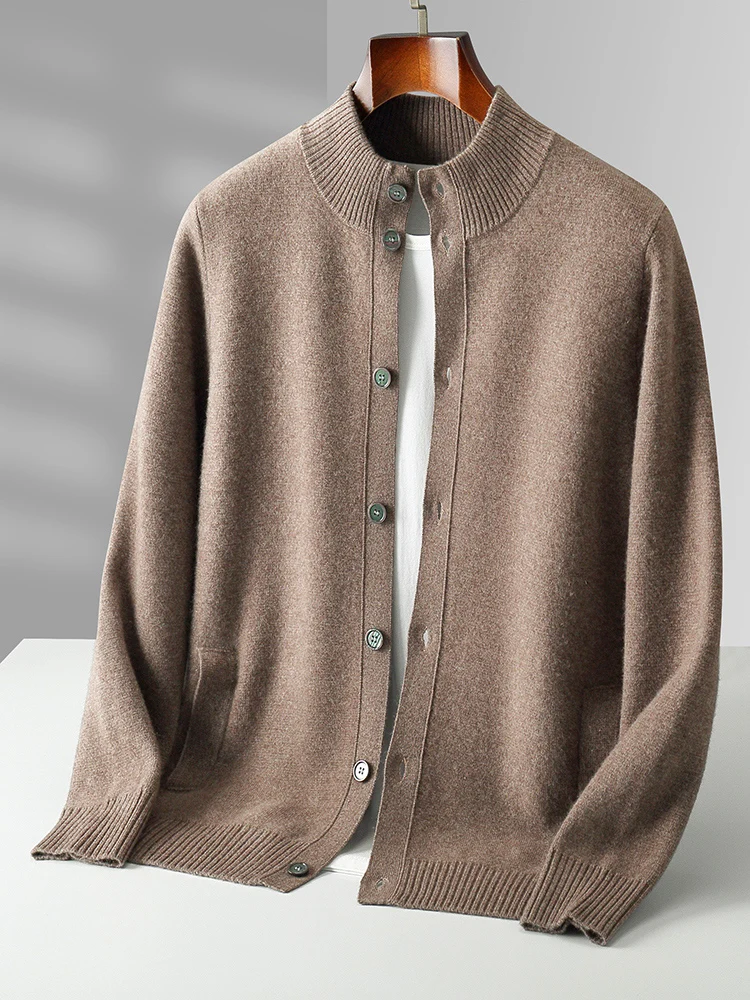 Men's Thick Sweater 100% Merino Wool Knitwear Cardigan Cashmere Buttons Coat Autumn Winter Mock Neck Pockets Casual Clothing Top