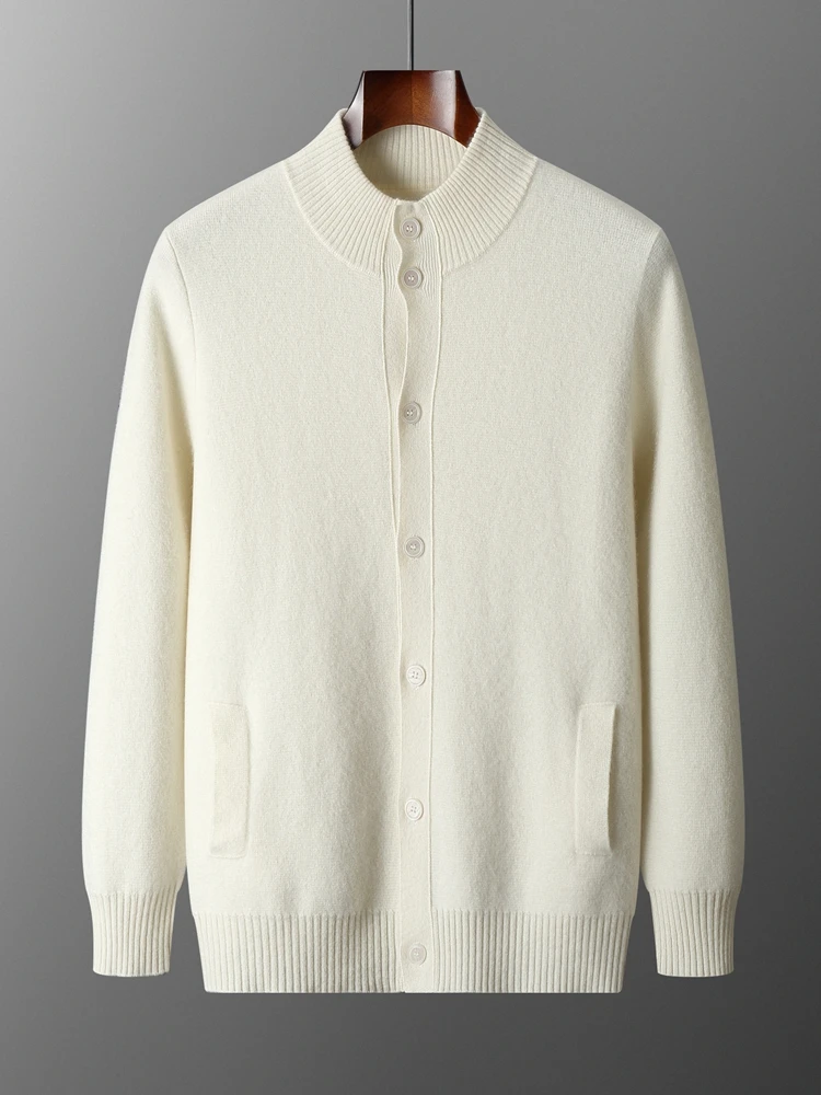 Men's Thick Sweater 100% Merino Wool Knitwear Cardigan Cashmere Buttons Coat Autumn Winter Mock Neck Pockets Casual Clothing Top
