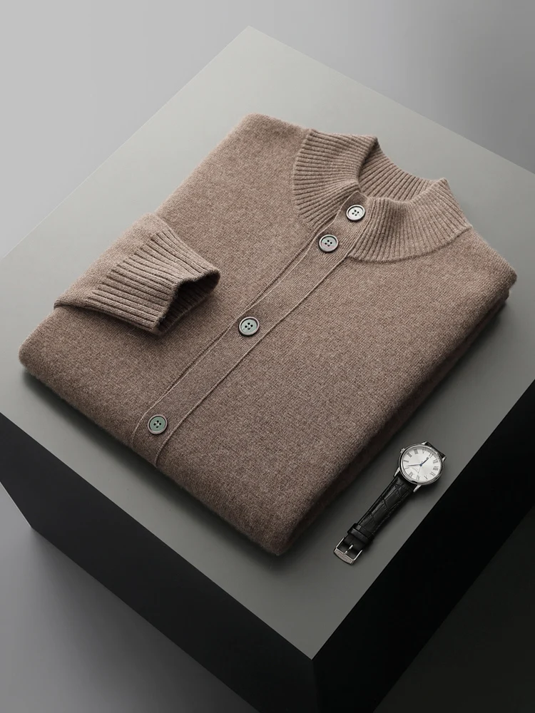 Men's Thick Sweater 100% Merino Wool Knitwear Cardigan Cashmere Buttons Coat Autumn Winter Mock Neck Pockets Casual Clothing Top