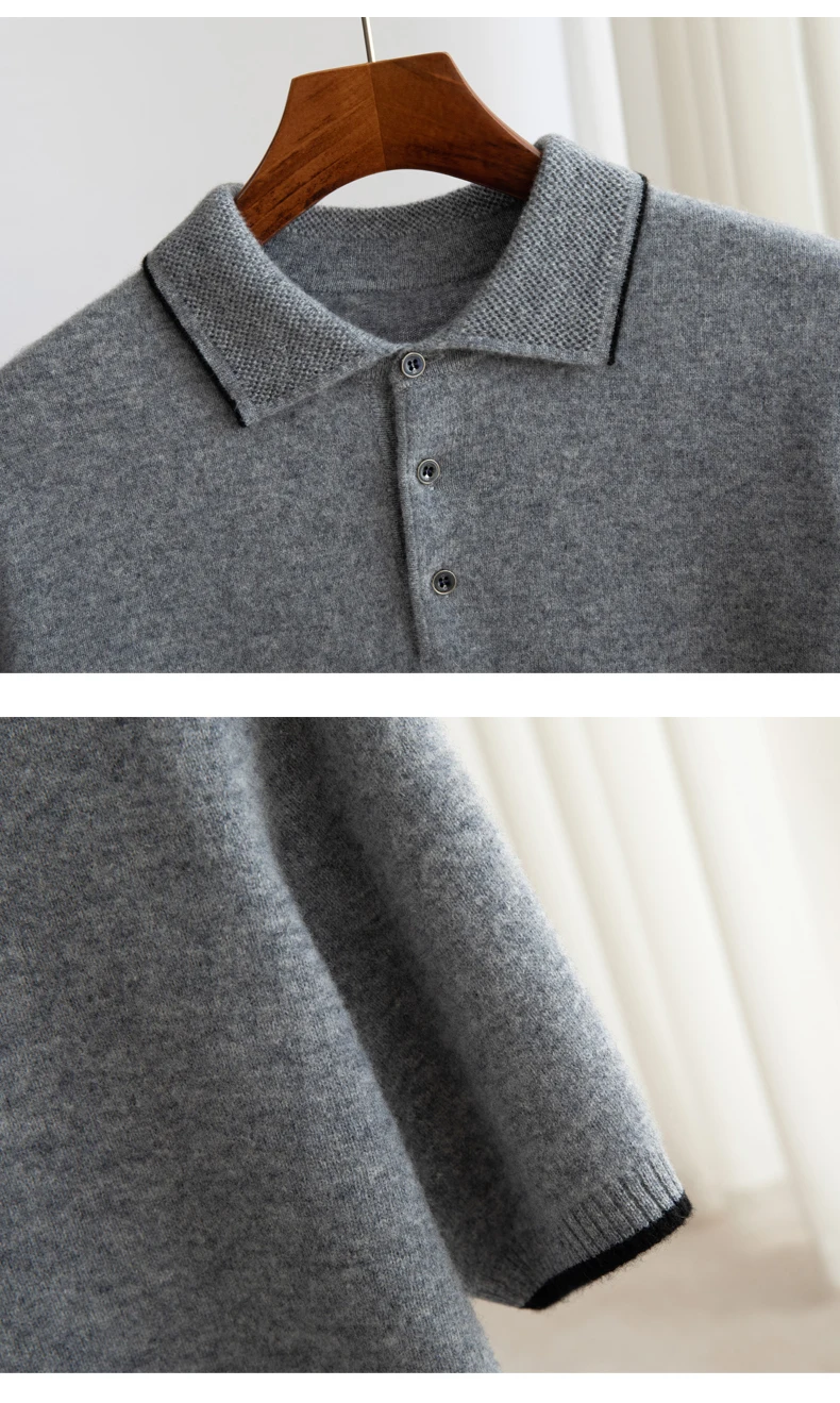 Spring/Summer New Short Sleeved 100% Pure Wool Men's POLO Pullover Vest Casual Business Loose Solid Solor T-Shirt Men's Clothing