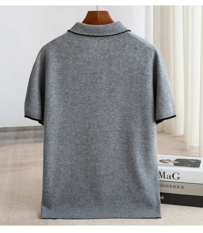 Spring/Summer New Short Sleeved 100% Pure Wool Men's POLO Pullover Vest Casual Business Loose Solid Solor T-Shirt Men's Clothing