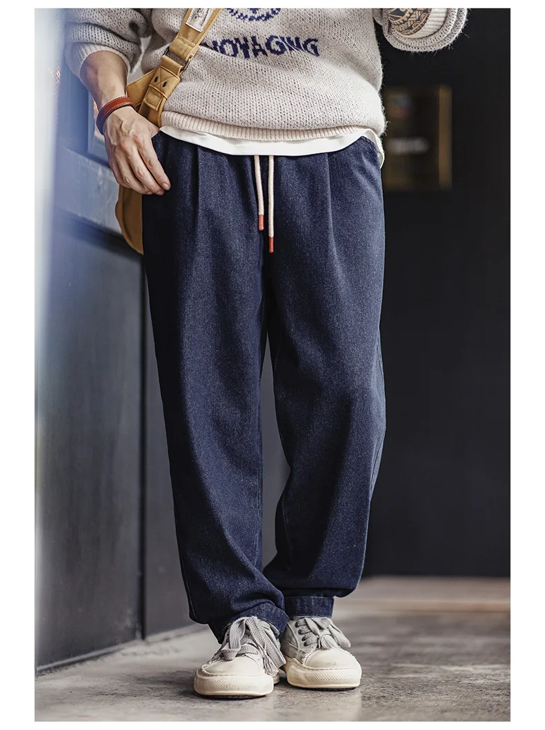 Maden Casual 10oz Jogger Denim Jeans with Elastic Waist Drawstring Washed Straight Trousers for Men's Spring and Autumn Pants