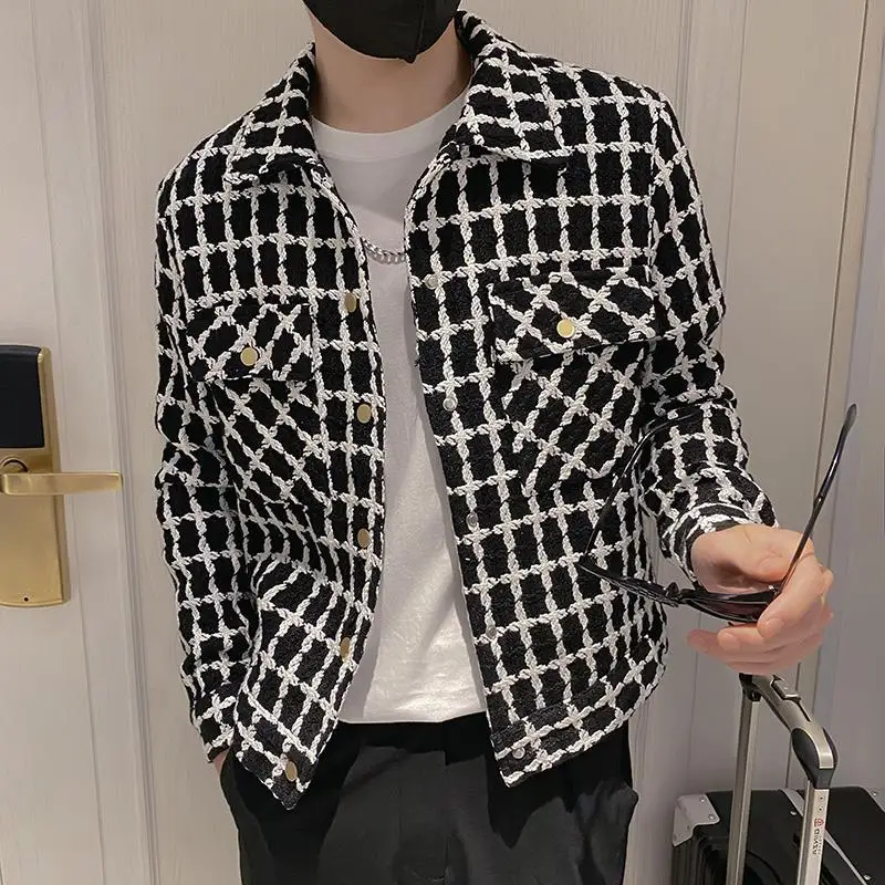 Spring Autumn New Fashion Turn-down Collar Long Sleeve Houndstooth Jackets Men's Clothing Korean Pockets Simplicity Chic Tops