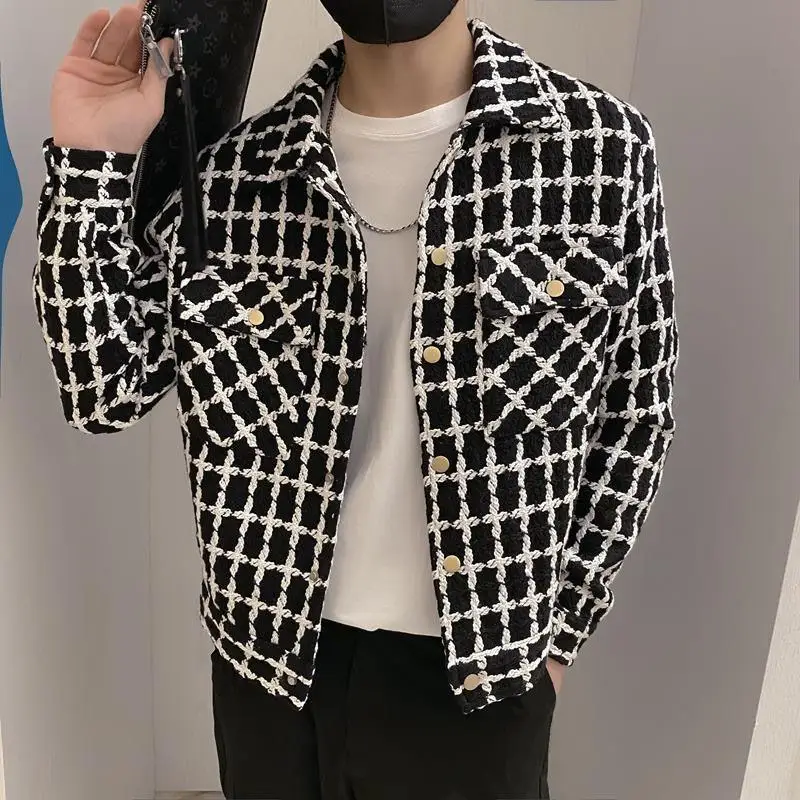 Spring Autumn New Fashion Turn-down Collar Long Sleeve Houndstooth Jackets Men's Clothing Korean Pockets Simplicity Chic Tops