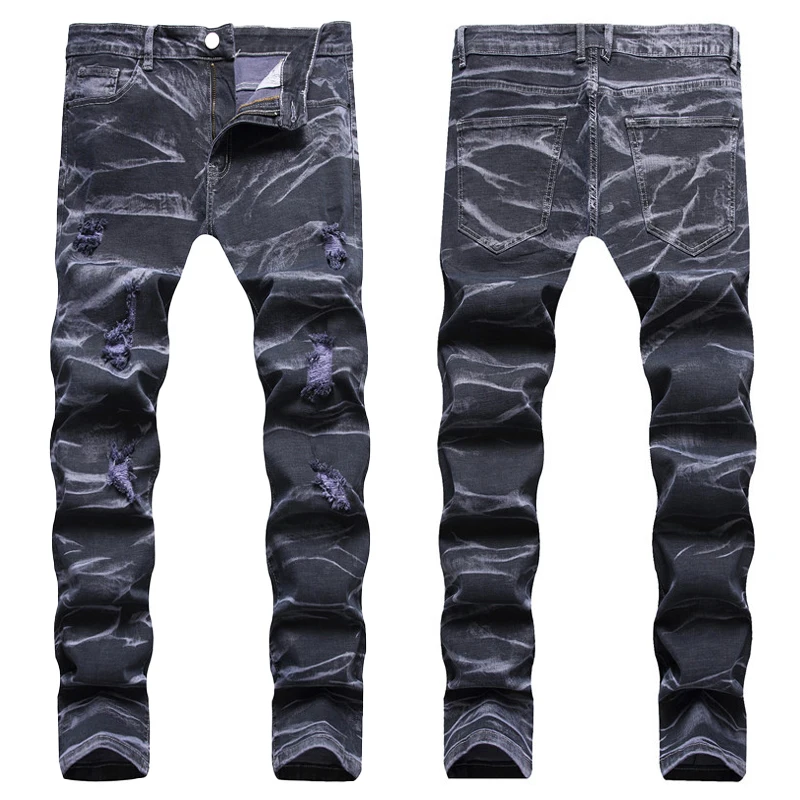 Men's Denim Pants High-quality Trendy Personalized Two-color Striped Perforated Washed With Water