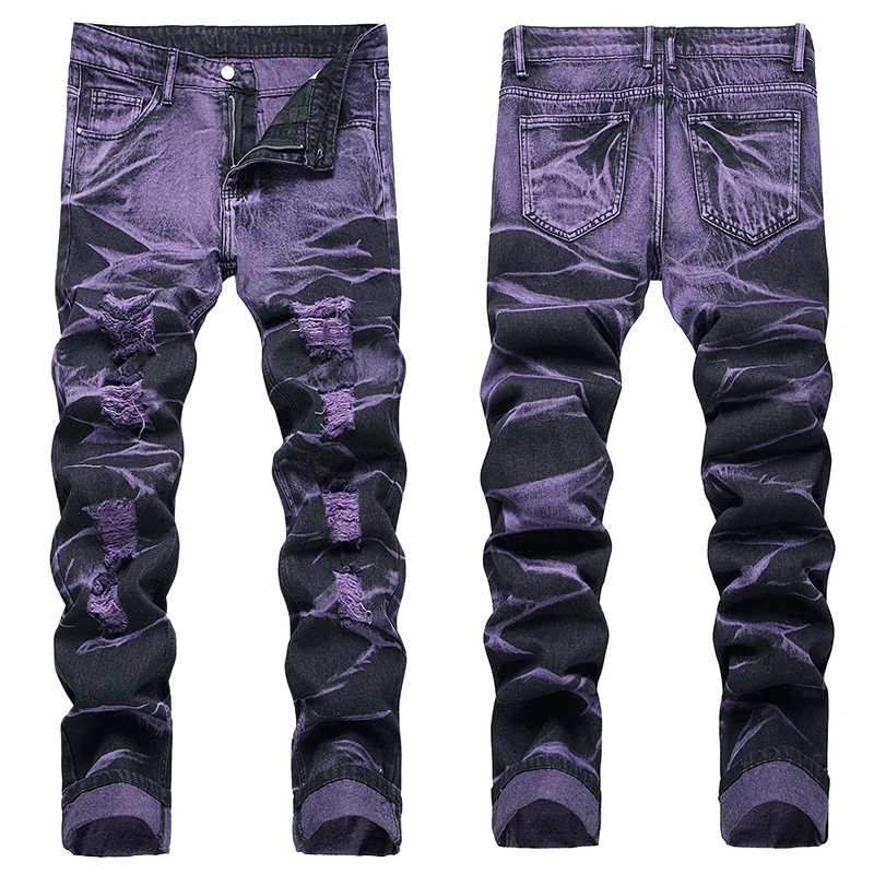 Men's Denim Pants High-quality Trendy Personalized Two-color Striped Perforated Washed With Water