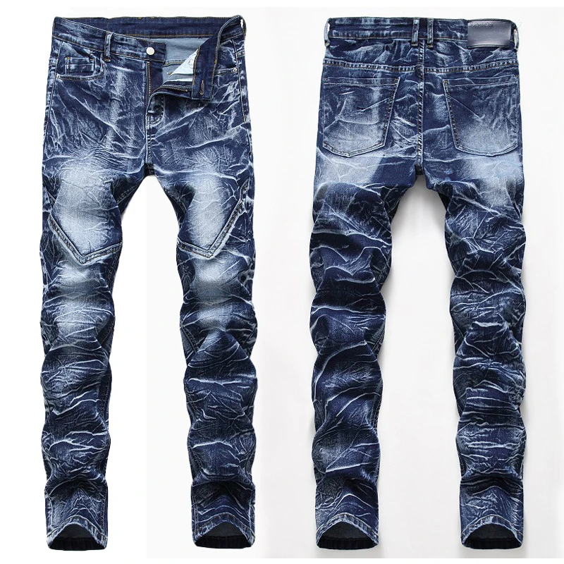 Men's Denim Pants High-quality Trendy Personalized Two-color Striped Perforated Washed With Water