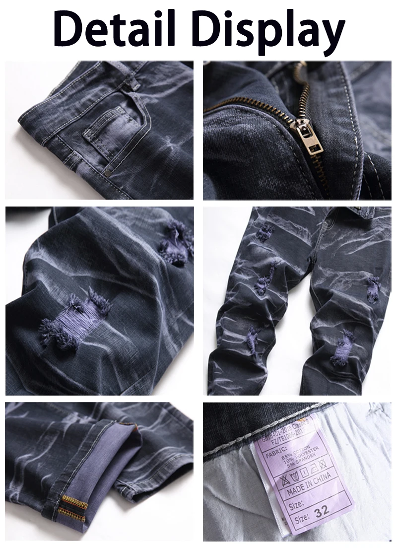 Men's Denim Pants High-quality Trendy Personalized Two-color Striped Perforated Washed With Water