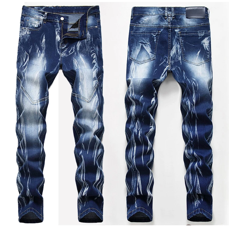 Men's Denim Pants High-quality Trendy Personalized Two-color Striped Perforated Washed With Water