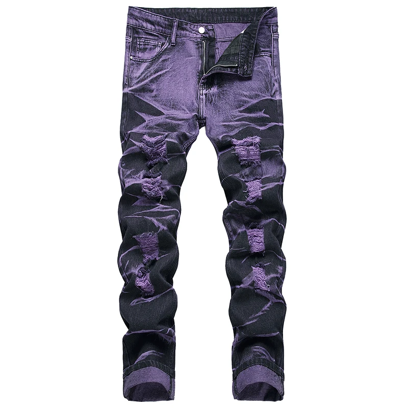 Men's Denim Pants High-quality Trendy Personalized Two-color Striped Perforated Washed With Water
