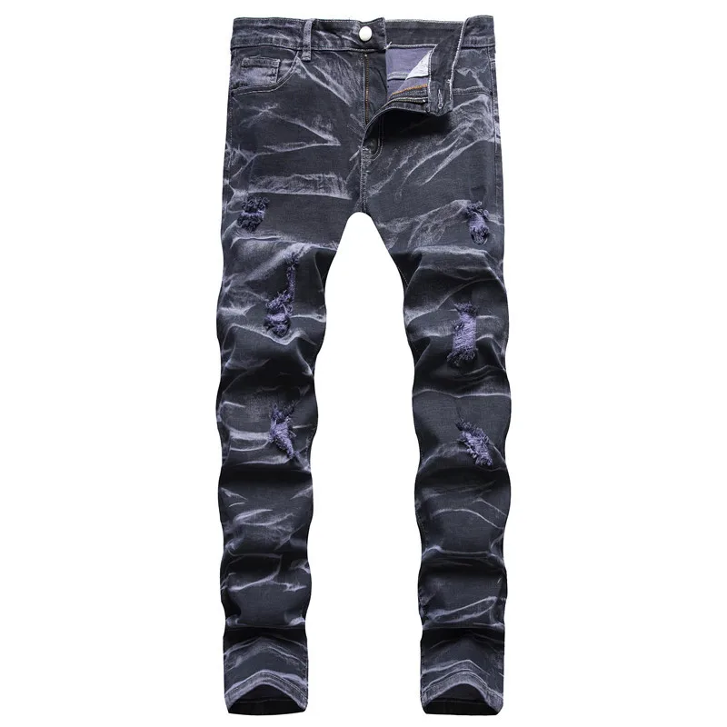 Men's Denim Pants High-quality Trendy Personalized Two-color Striped Perforated Washed With Water