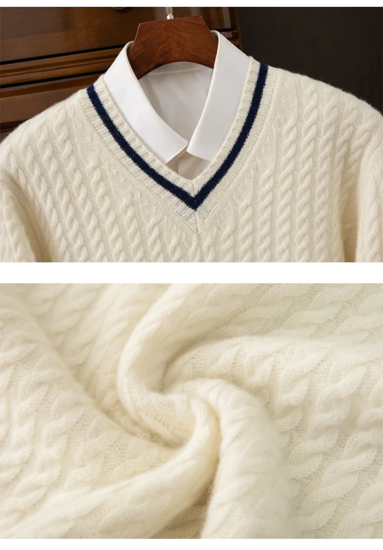 Autumn And Winter New Thickened 100 Pure Cashmere Sweater Men's V-neck Jacquard Knitted Top Warm Fashion Leisure Youth Pullover