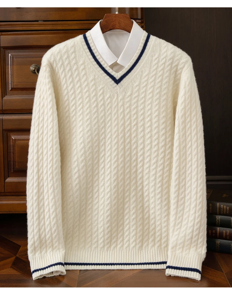 Autumn And Winter New Thickened 100 Pure Cashmere Sweater Men's V-neck Jacquard Knitted Top Warm Fashion Leisure Youth Pullover