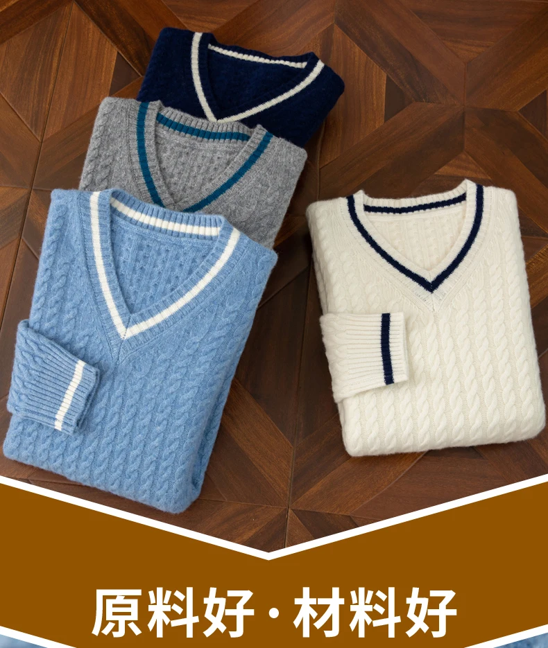 Autumn And Winter New Thickened 100 Pure Cashmere Sweater Men's V-neck Jacquard Knitted Top Warm Fashion Leisure Youth Pullover