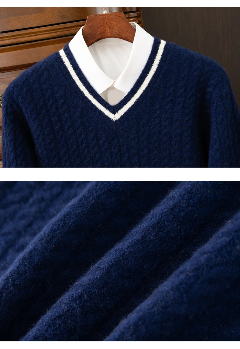Autumn And Winter New Thickened 100 Pure Cashmere Sweater Men's V-neck Jacquard Knitted Top Warm Fashion Leisure Youth Pullover