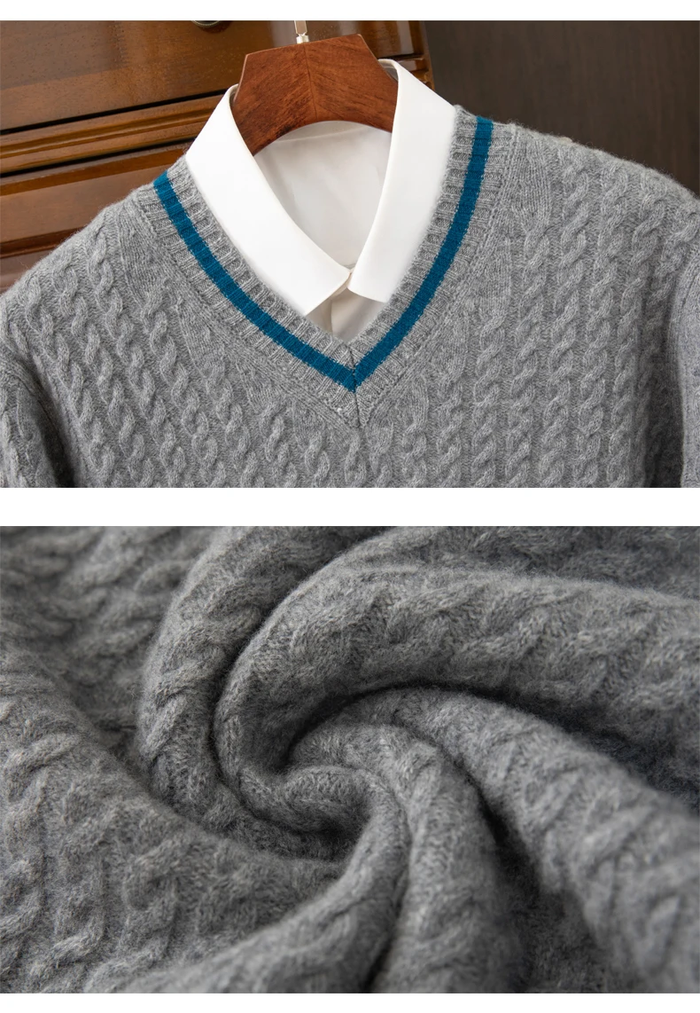 Autumn And Winter New Thickened 100 Pure Cashmere Sweater Men's V-neck Jacquard Knitted Top Warm Fashion Leisure Youth Pullover