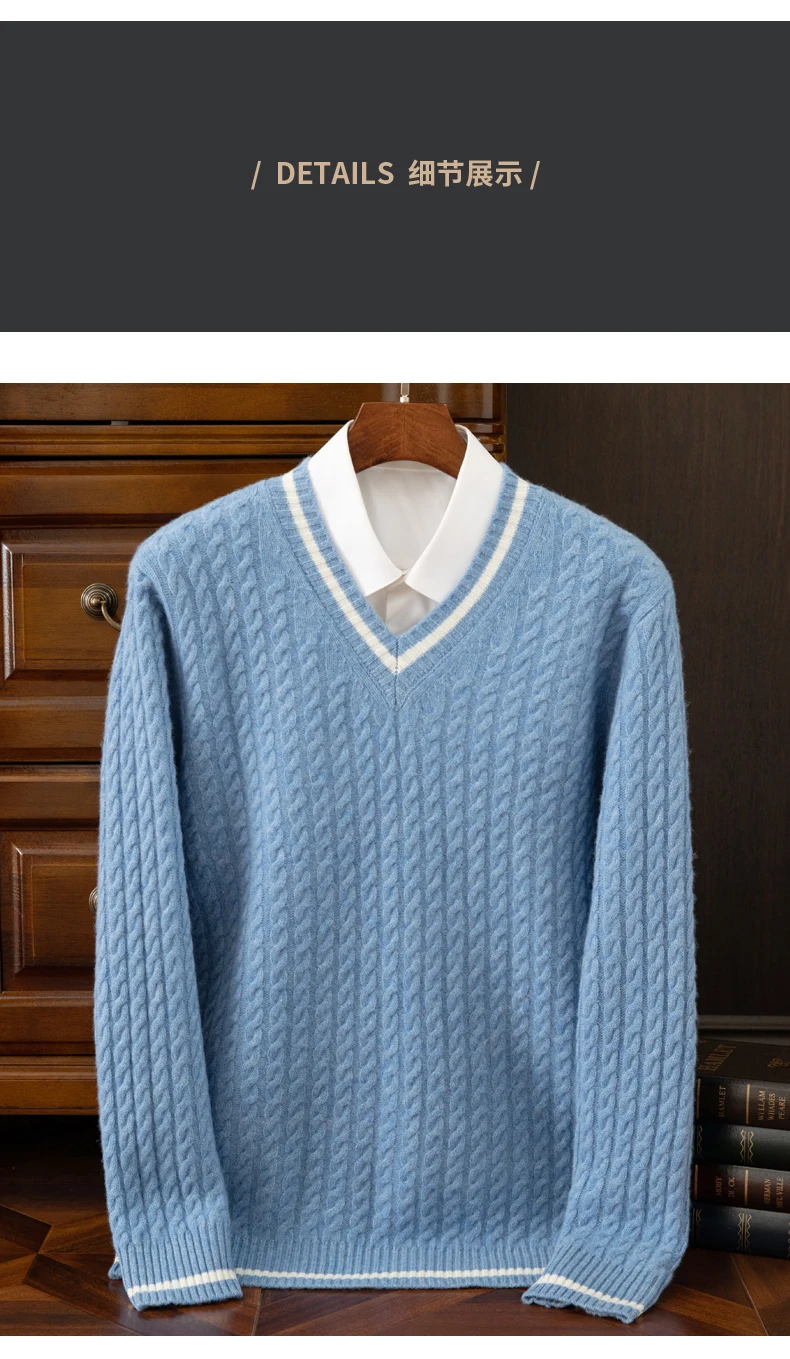 Autumn And Winter New Thickened 100 Pure Cashmere Sweater Men's V-neck Jacquard Knitted Top Warm Fashion Leisure Youth Pullover