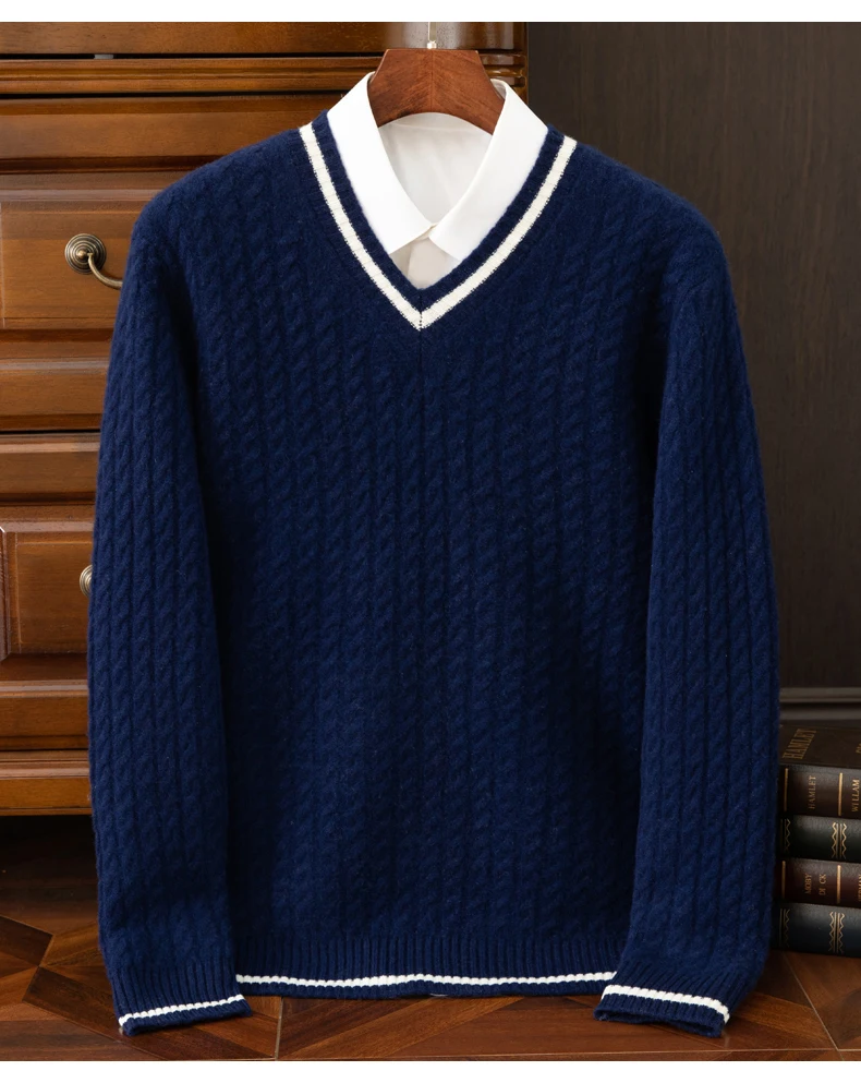 Autumn And Winter New Thickened 100 Pure Cashmere Sweater Men's V-neck Jacquard Knitted Top Warm Fashion Leisure Youth Pullover