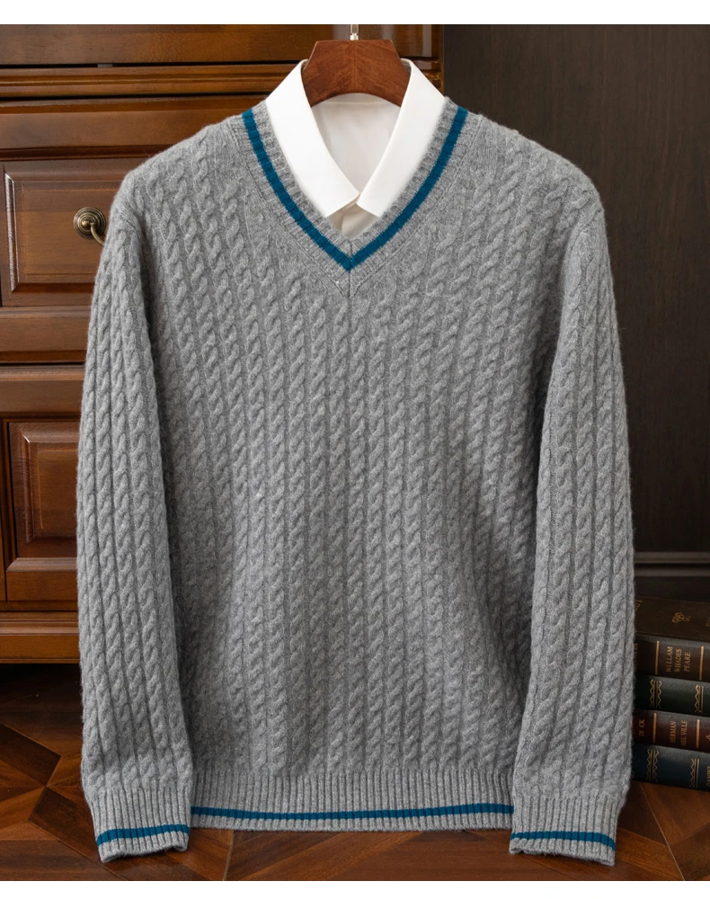 Autumn And Winter New Thickened 100 Pure Cashmere Sweater Men's V-neck Jacquard Knitted Top Warm Fashion Leisure Youth Pullover