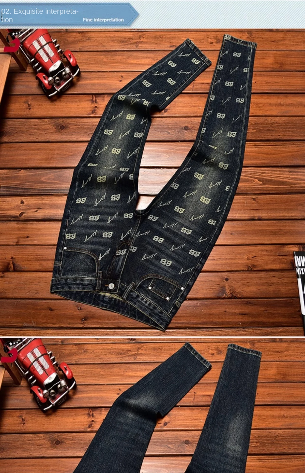 Autumn and winter light luxury printed jeans MEN'S slim fit skinny elastic trend fashionable retro blue denim trove