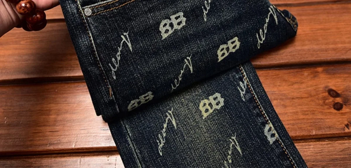 Autumn and winter light luxury printed jeans MEN'S slim fit skinny elastic trend fashionable retro blue denim trove