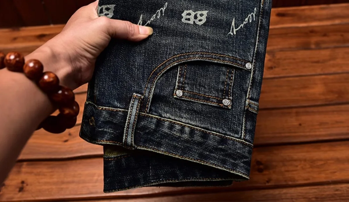 Autumn and winter light luxury printed jeans MEN'S slim fit skinny elastic trend fashionable retro blue denim trove