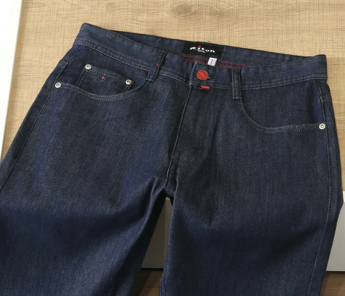 KITON Summer Letter Embroidery Red Button Straight Casual Jeans