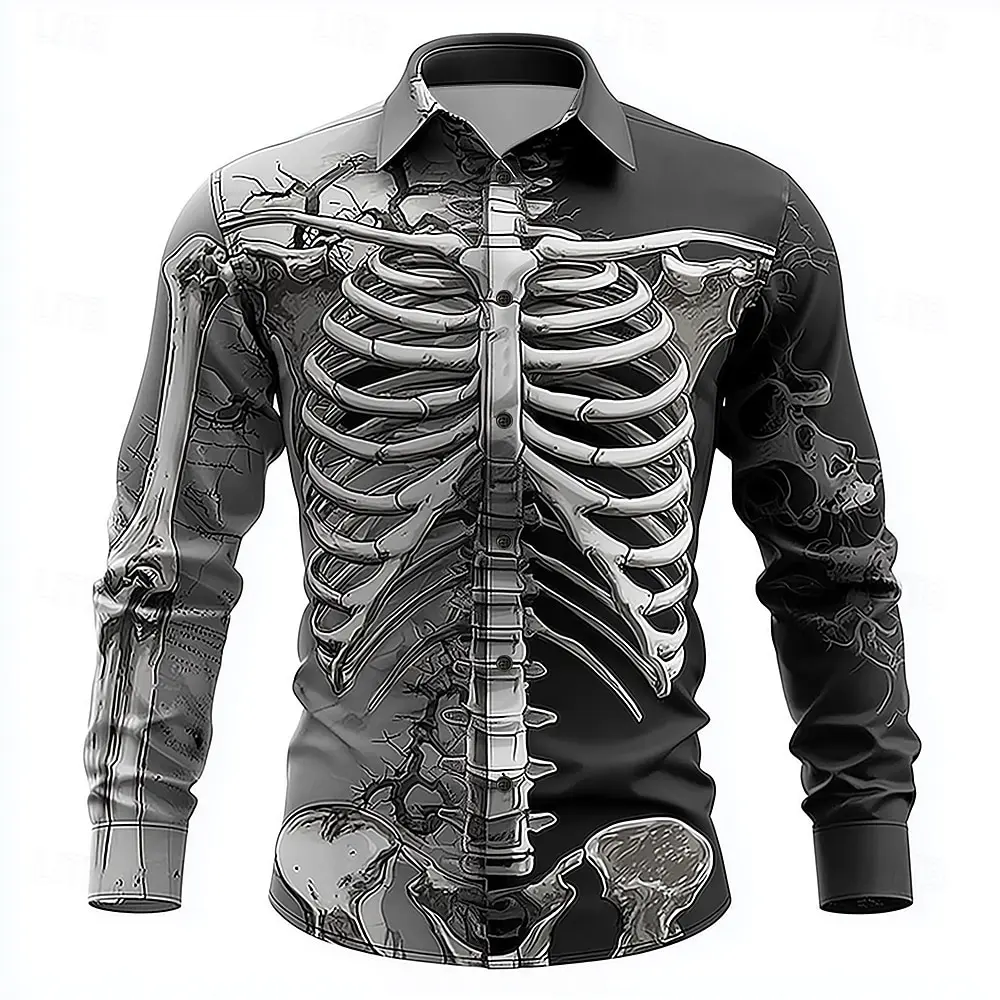 Vintage Distressed Skull Shirt Men Women Retro Long Sleeve Shirt Grunge Style 90s Punk Rock Gothic Top Loose Fit Casual Shirt