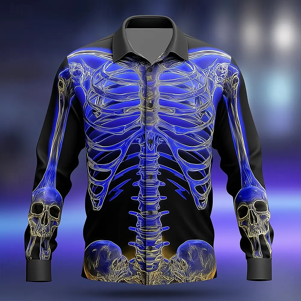 Vintage Distressed Skull Shirt Men Women Retro Long Sleeve Shirt Grunge Style 90s Punk Rock Gothic Top Loose Fit Casual Shirt
