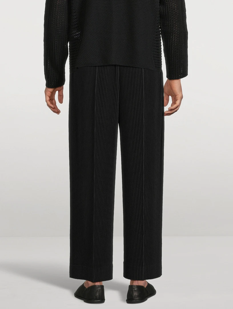 Miyake Pleated Wide Leg Pants Men Elastic Waist Straight Trousers With Side Pockets Wrinkle Resistant Japanese Minimalist