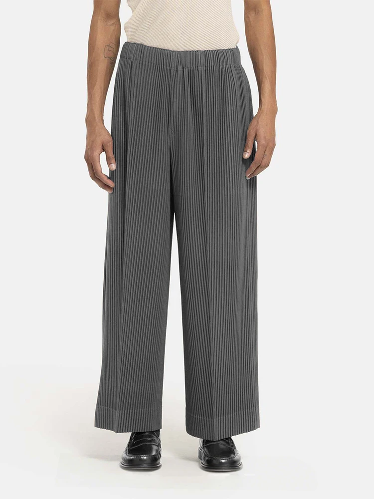 Miyake Pleated Wide Leg Pants Men Elastic Waist Straight Trousers With Side Pockets Wrinkle Resistant Japanese Minimalist