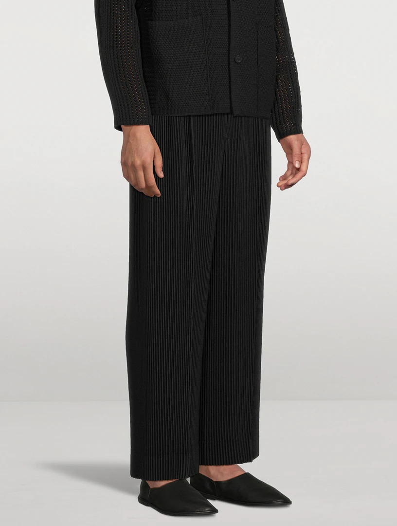 Miyake Pleated Wide Leg Pants Men Elastic Waist Straight Trousers With Side Pockets Wrinkle Resistant Japanese Minimalist
