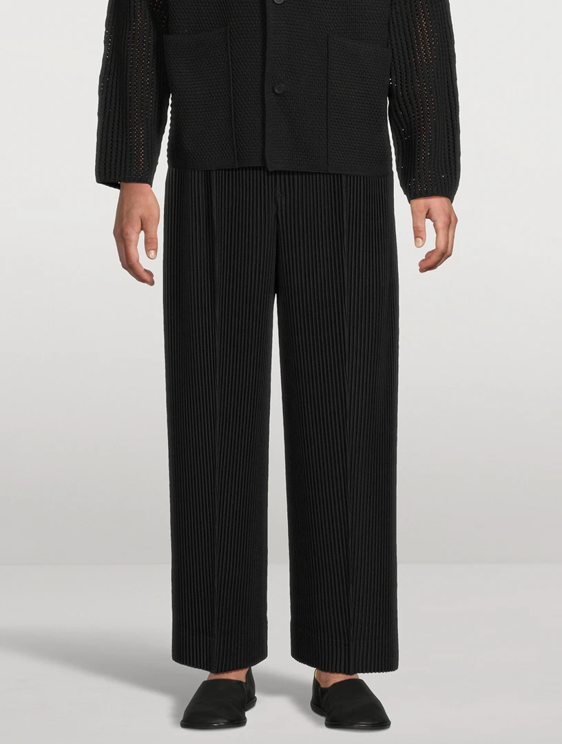 Miyake Pleated Wide Leg Pants Men Elastic Waist Straight Trousers With Side Pockets Wrinkle Resistant Japanese Minimalist