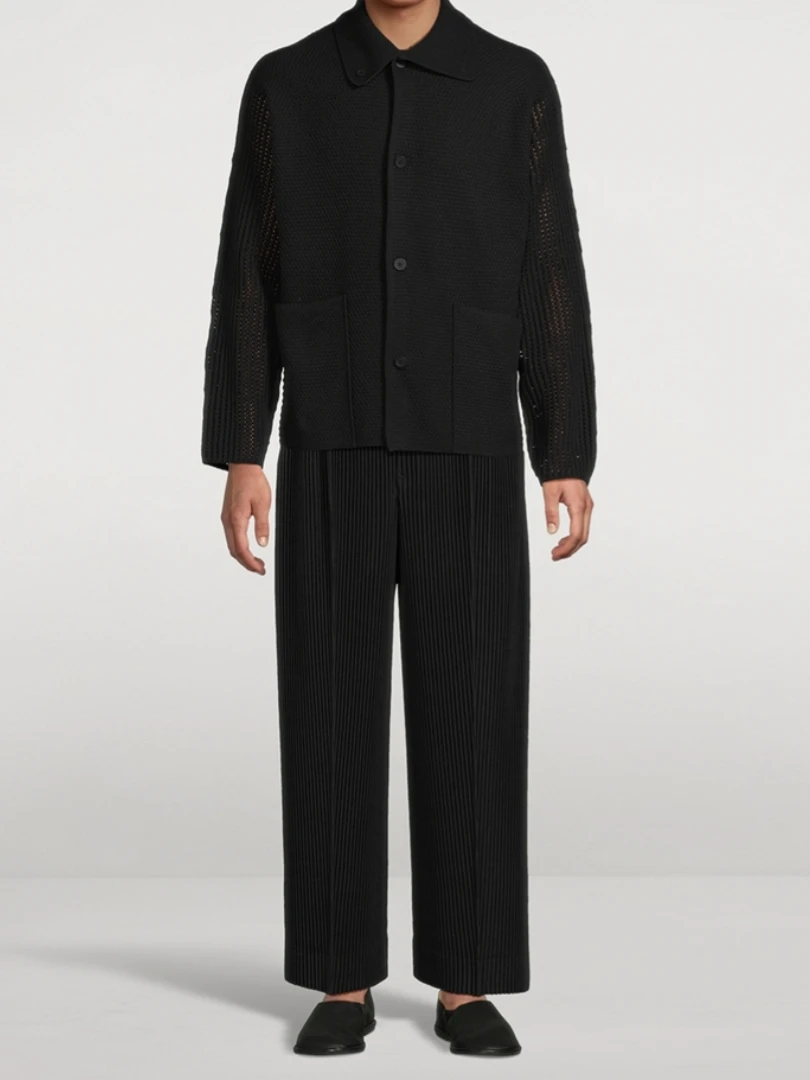 Miyake Pleated Wide Leg Pants Men Elastic Waist Straight Trousers With Side Pockets Wrinkle Resistant Japanese Minimalist