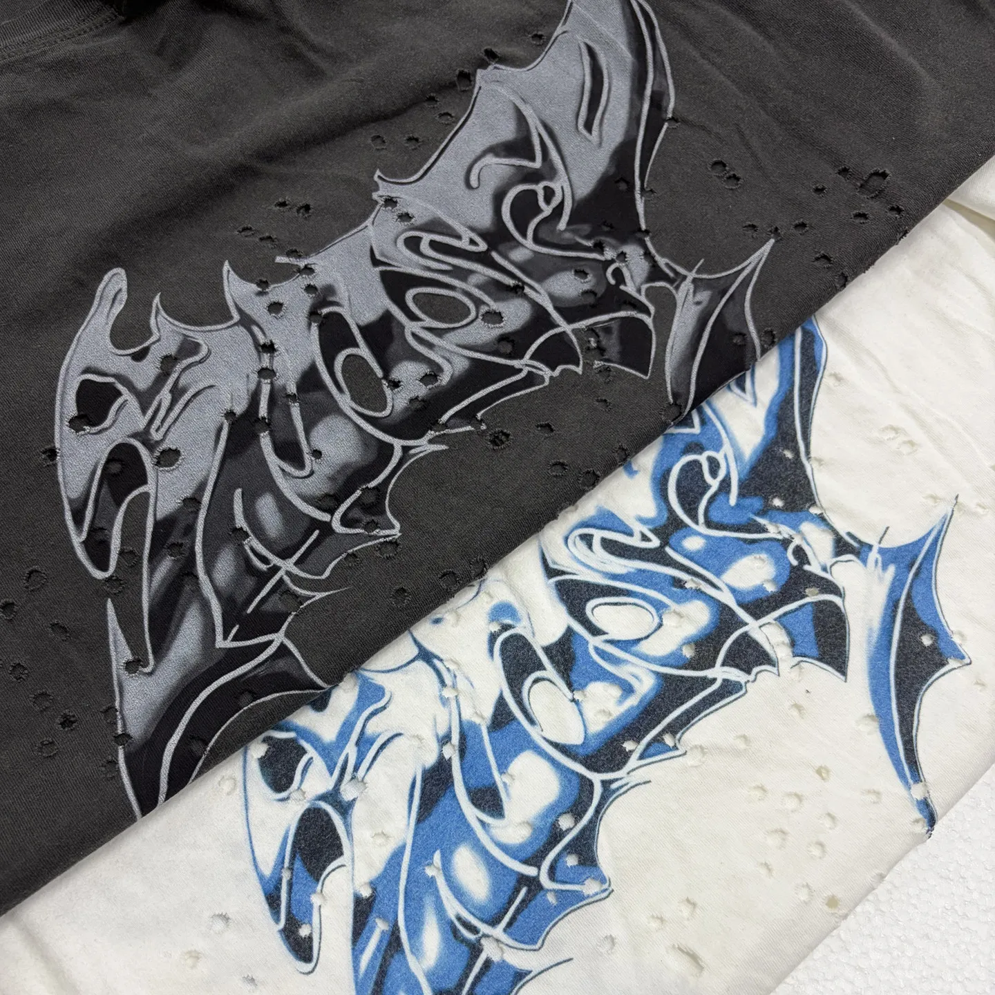 Satisfy MothTech T-Shirt Black Old Ripped Liquid Font Printed Short Sleeve T-Shirt