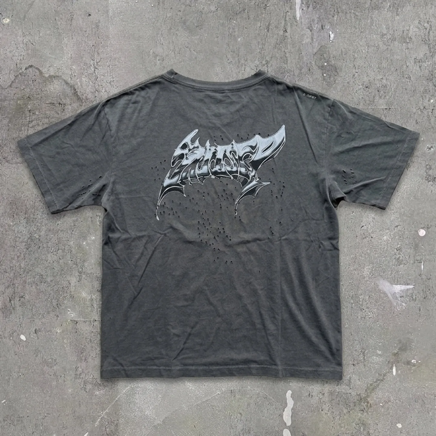 Satisfy MothTech T-Shirt Black Old Ripped Liquid Font Printed Short Sleeve T-Shirt