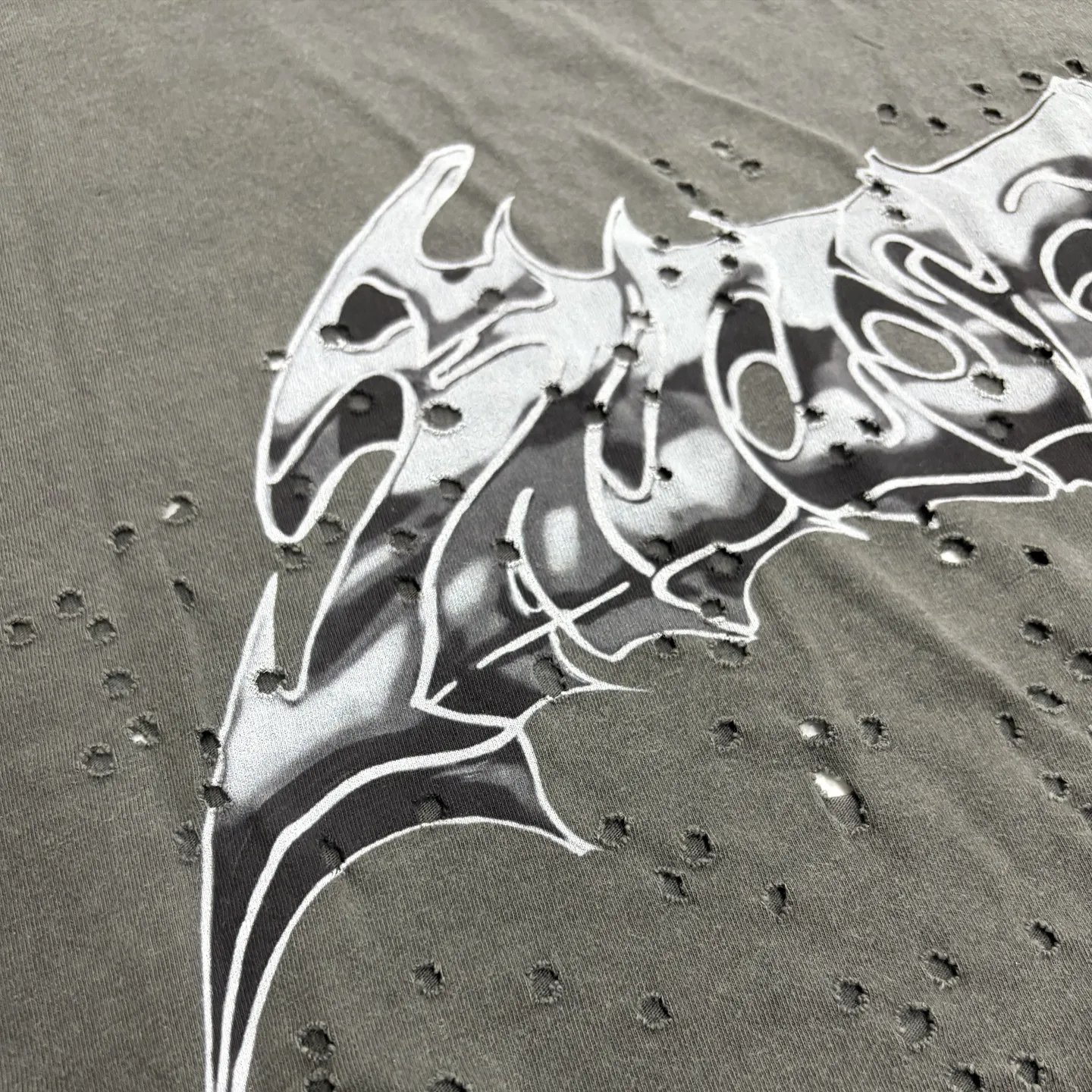 Satisfy MothTech T-Shirt Black Old Ripped Liquid Font Printed Short Sleeve T-Shirt