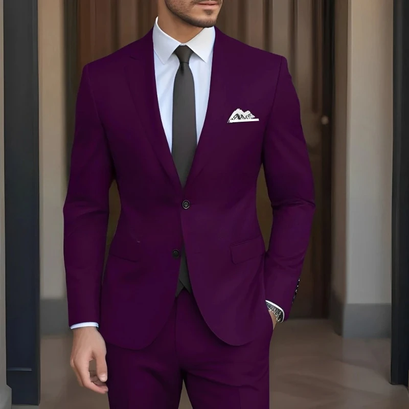 High Quality Solid Color Men Suits Blazer Wedding Groom Outfits Costume Homme Elegant 2 Piece Jacket Pants Male Clothing Terno