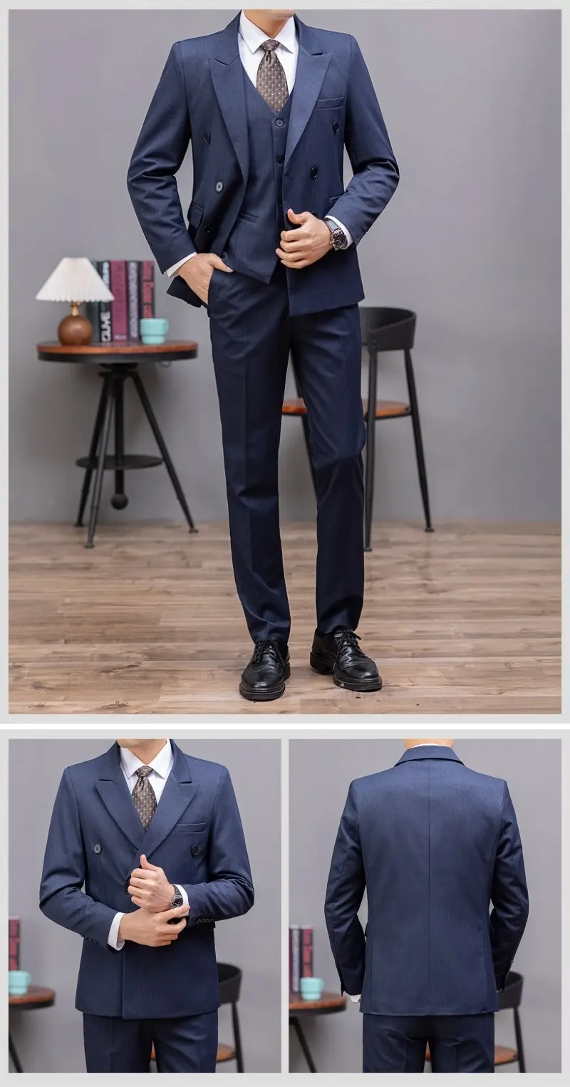 Double-Breasted Three-Piece Casual Suit for Men for Parties and Weddings, Light and Mature Solid-Colored Korean-Style Outfit