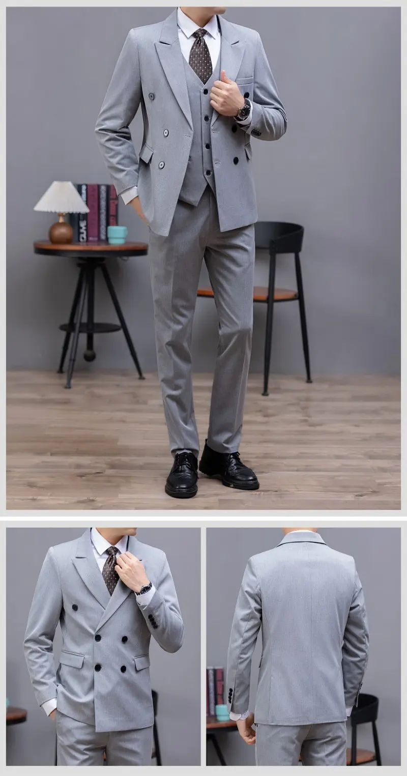 Double-Breasted Three-Piece Casual Suit for Men for Parties and Weddings, Light and Mature Solid-Colored Korean-Style Outfit